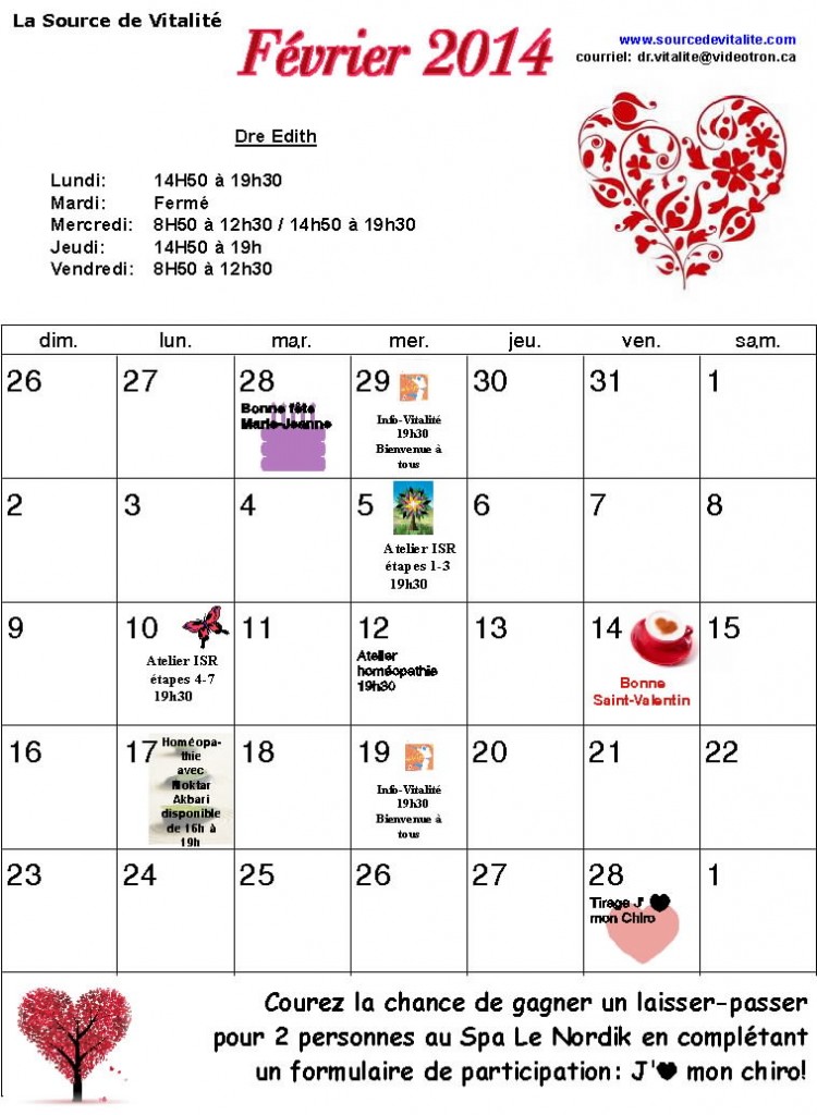 Calendrier du mois de Février 2014