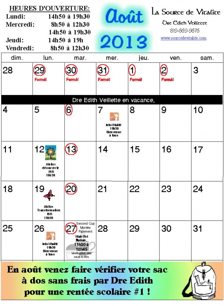 Calendrier du mois de Août 2013
