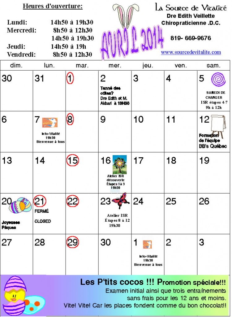 Calendrier du mois d'Avril 2014