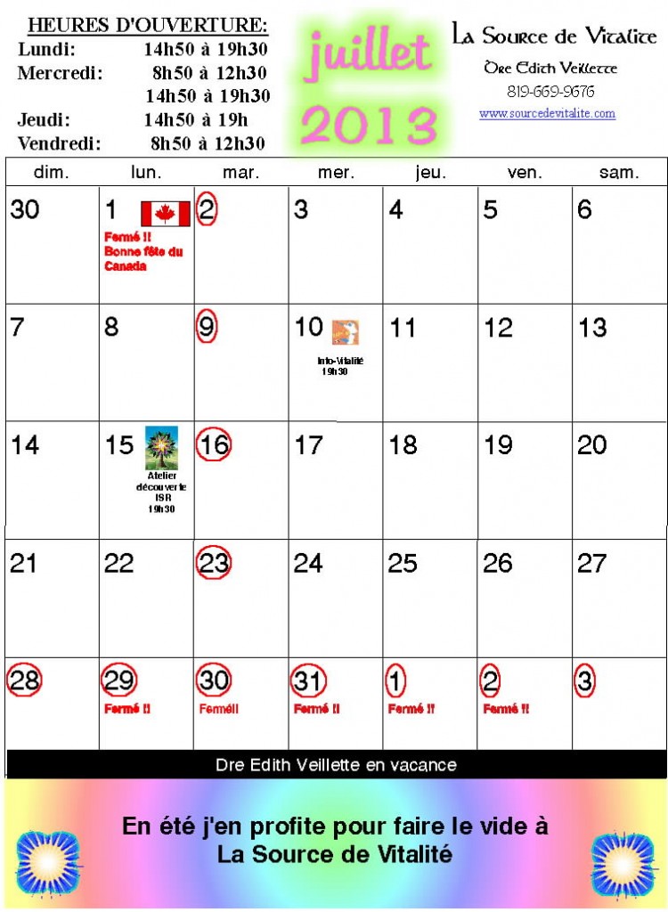 Calendrier du mois de Juillet 2013