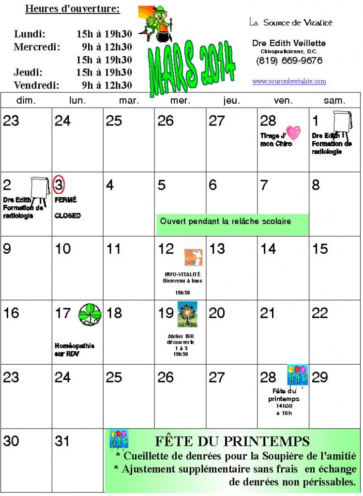 Calendrier du mois de Mars 2014
