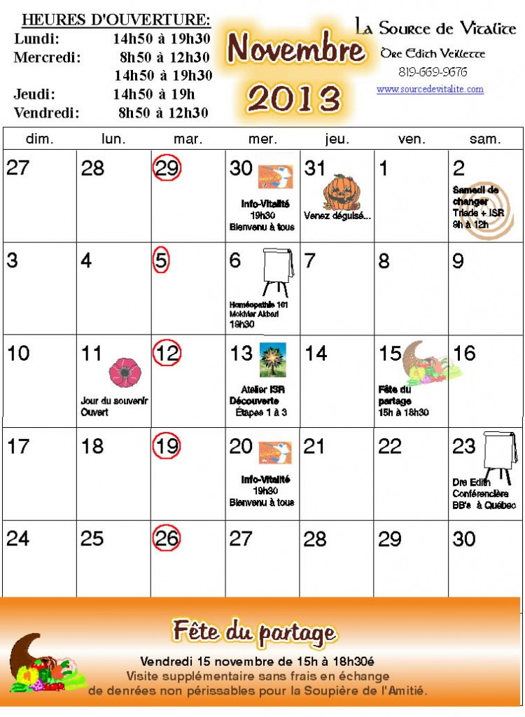 Calendrier du mois de Novembre 2013