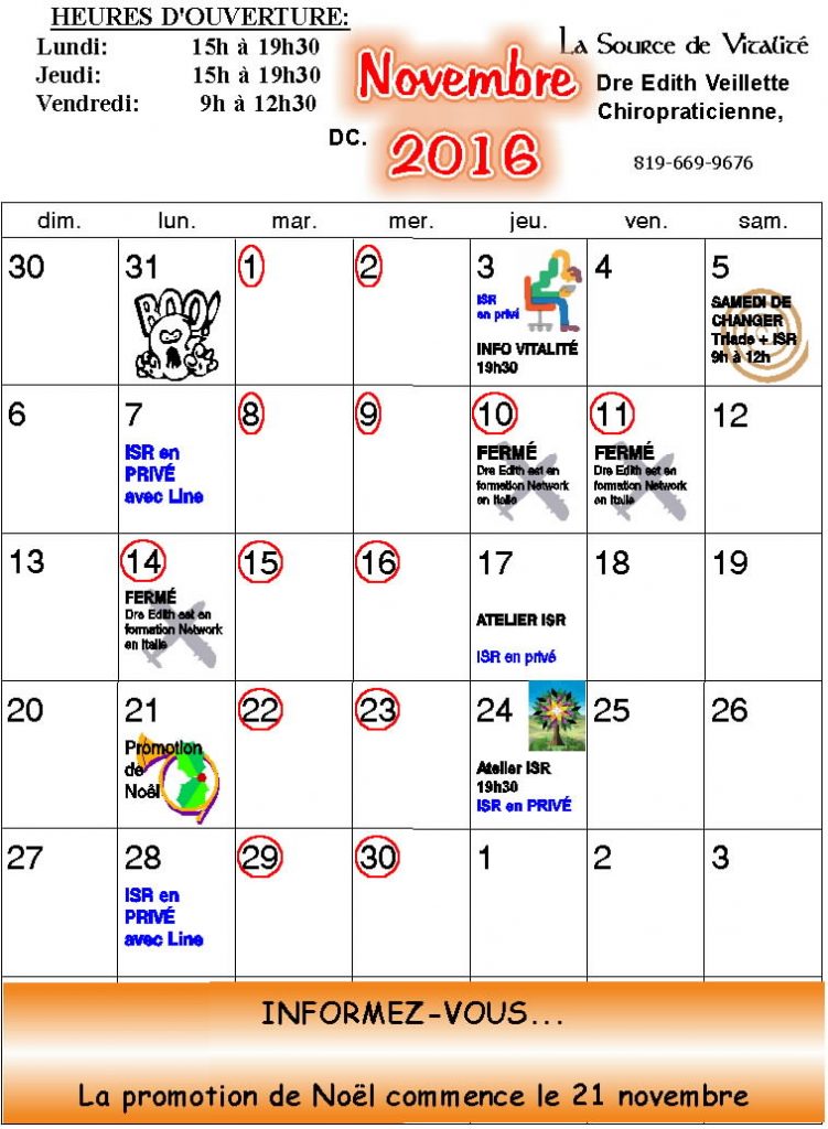 Calendrier du mois de Novembre