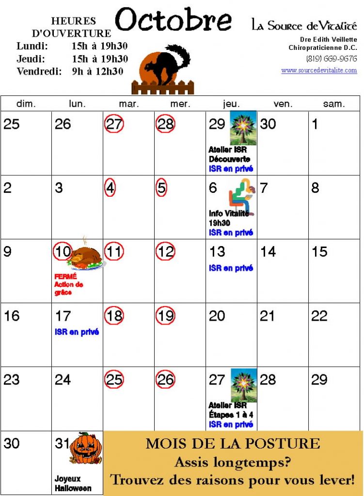 Calendrier du mois d'Octobre
