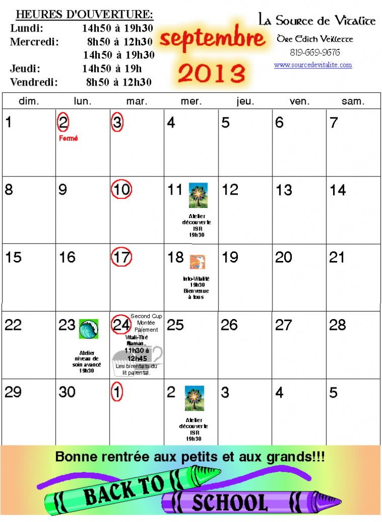 Calendrier du mois de Septembre 2013