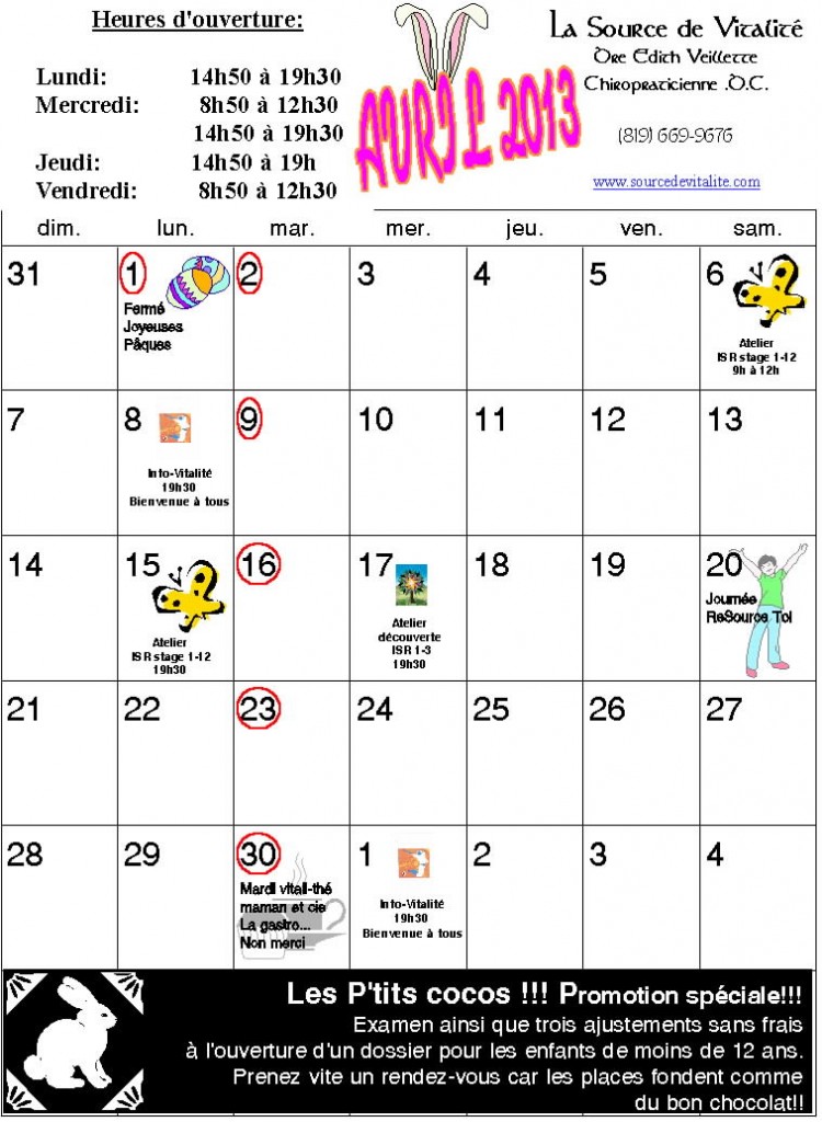 Calendrier du mois d'Avril